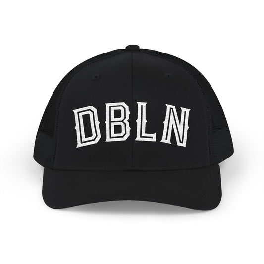 DBLN (outline stroke)_Embroidered-Trucker Snapback Cap — Black Front, White Mesh