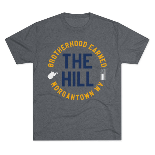 BROTHERHOOD EARNED_THE HILL_WV STATE SHAPE_STARS AND STRIPES_MORGANTOWN WV-Unisex Tri-Blend Crew Tee
