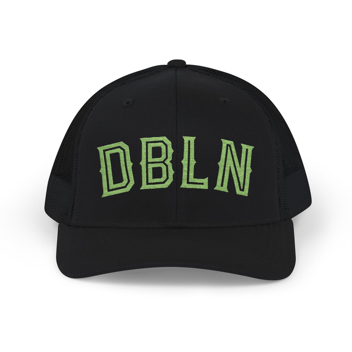 DBLN (outline stroke)_Embroidered-Trucker Snapback Cap — Black Front, White Mesh