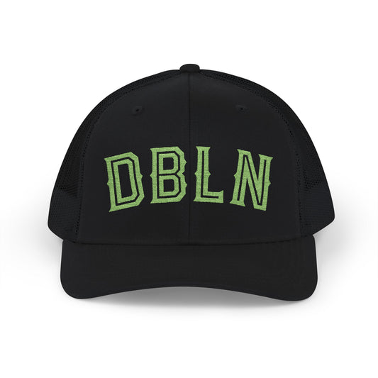 DBLN (outline stroke)_Embroidered-Trucker Snapback Cap — Black Front, White Mesh