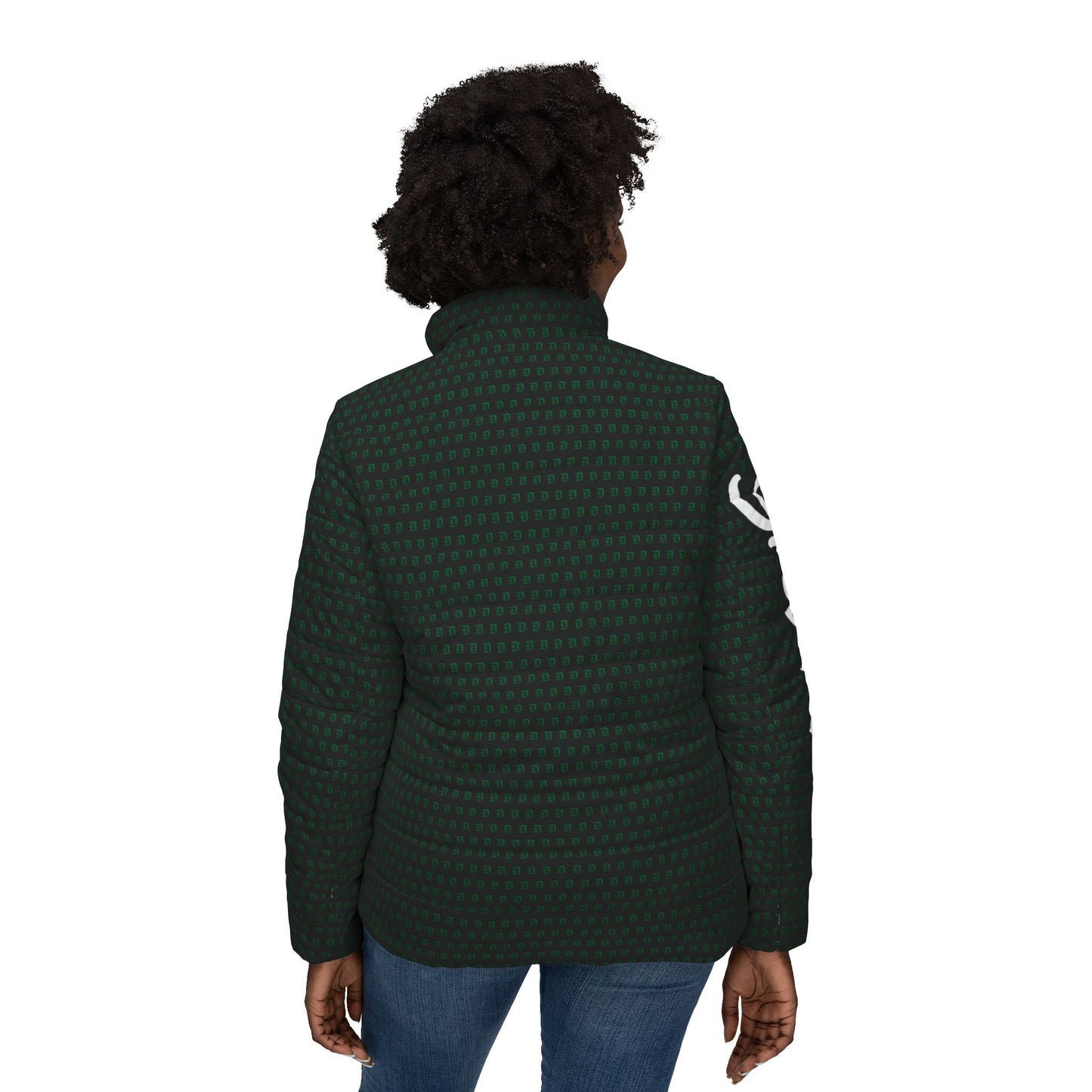 Script D (pattern is green Script D)_script GREEN SOX sleeve - Women’s Puffer Jacket (AOP)