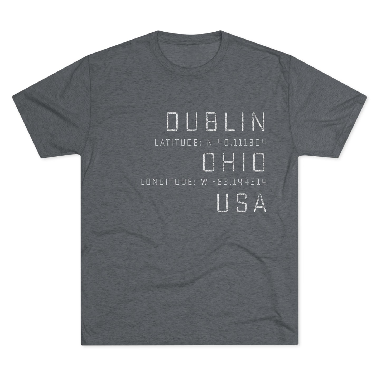 DUBLIN OHIO USA Longitude/Latitude (right align)–White print-Men's Tri-Blend Crew Tee