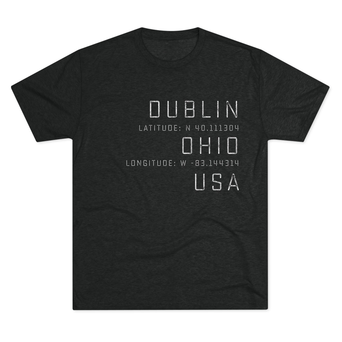 DUBLIN OHIO USA Longitude/Latitude (right align)–White print-Men's Tri-Blend Crew Tee