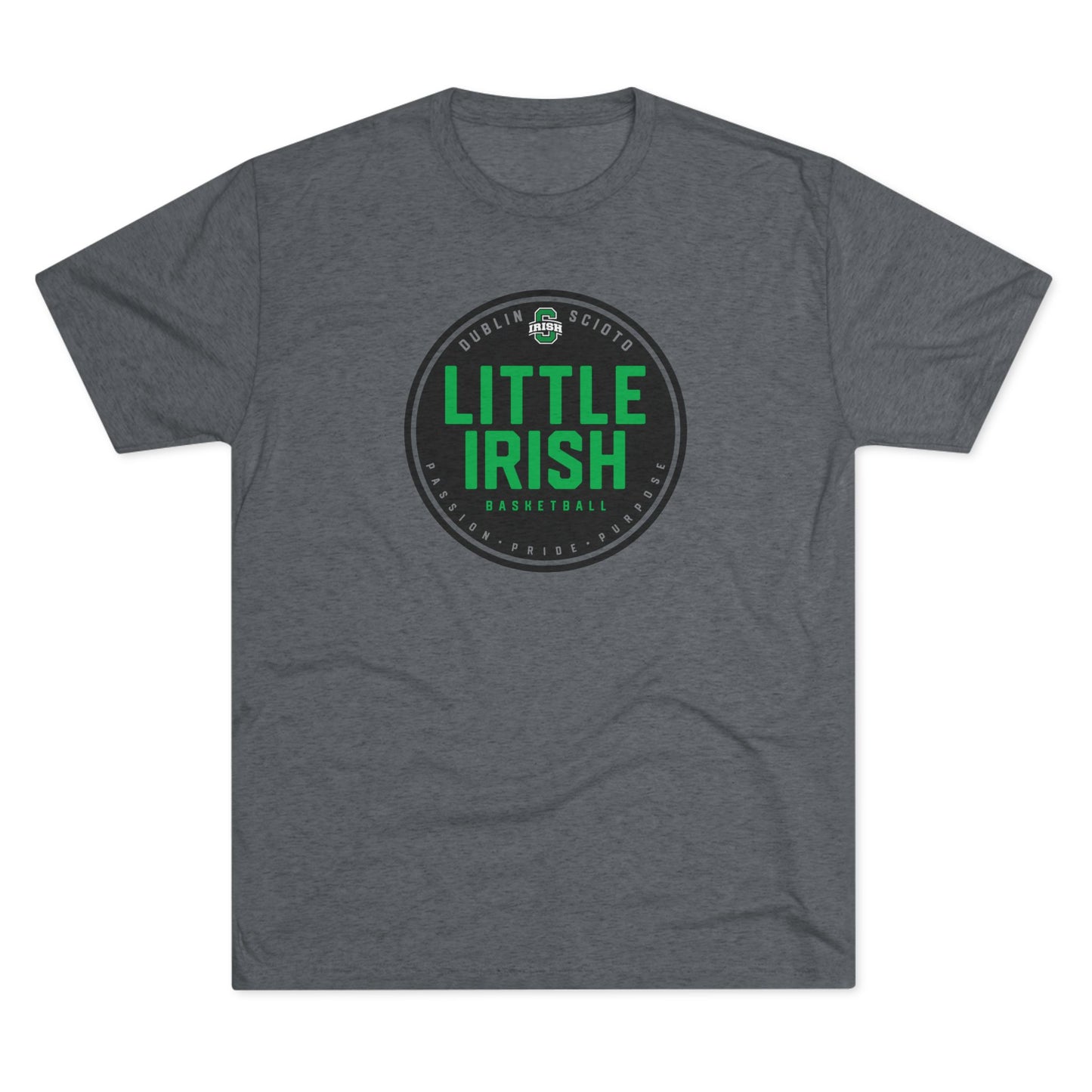 Little Irish Medallion_PASSION-PRIDE-PURPOSE_DUBLIN SCIOTO_SCIOTO BLOCK S LOGO_Back icon graphics – comfy Tri-blend T-shirt