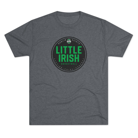Little Irish Medallion_PASSION-PRIDE-PURPOSE_DUBLIN SCIOTO_SCIOTO BLOCK S LOGO_Back icon graphics – comfy Tri-blend T-shirt
