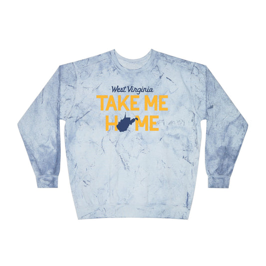 WEST VIRIGINIA (script)_TAKE ME HOME (WV State Shape)-Unisex Color Blast Crewneck Sweatshirt