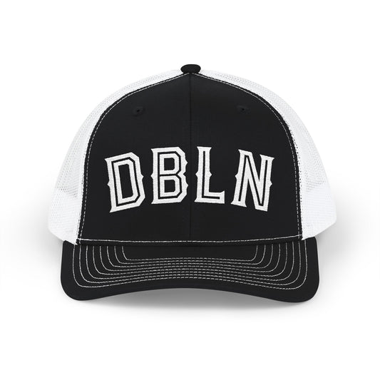 DBLN (outline stroke)_Embroidered-Trucker Snapback Cap — Black Front, White Mesh