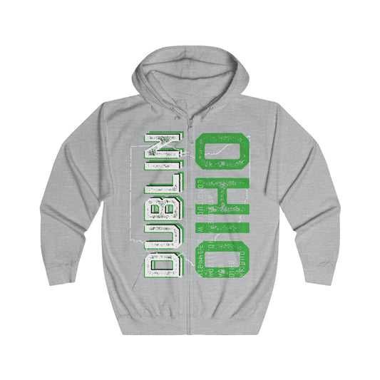 DUBLIN OHIO (vertical)_LONGITUDE-LATITUDE_OHIO STATE SHAPE-DISTRESSED - Zip-Up Hoodie