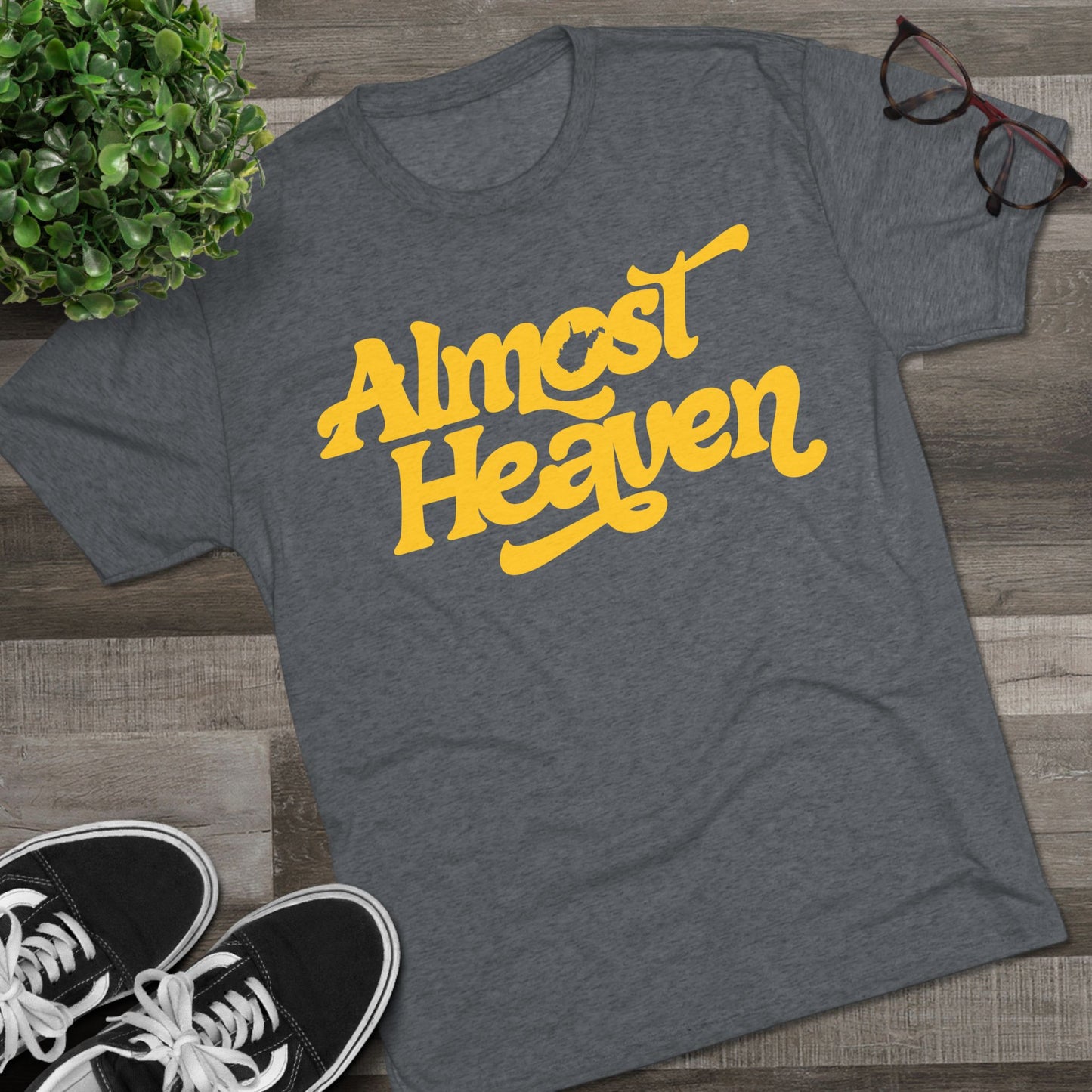 Almost Heaven Tee_(WV STATE KNOCKOUT)-1-color brighter yellow — Retro Script Graphic Shirt