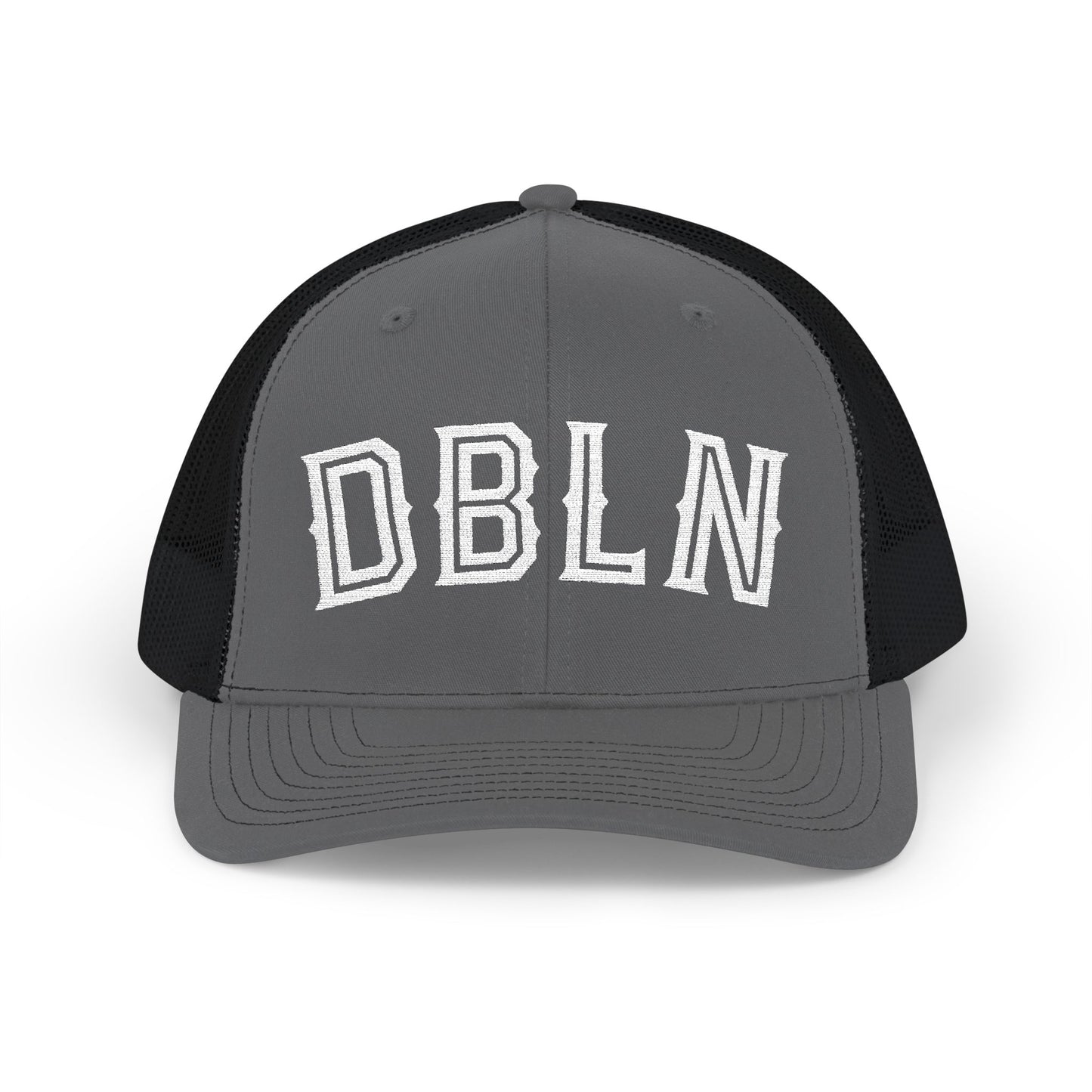 DBLN (outline stroke)_Embroidered-Trucker Snapback Cap — Black Front, White Mesh