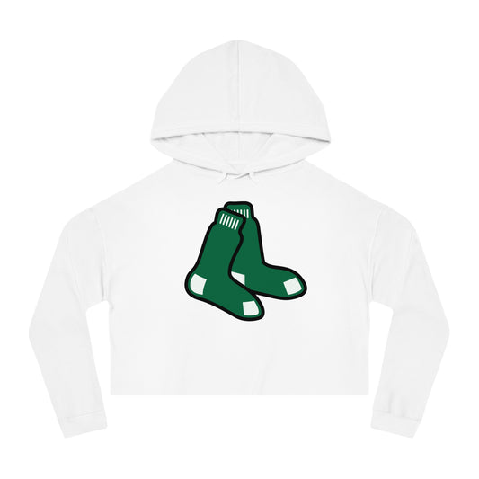 GREEN SOX logo (front)_DUBLIN BASEBALL Script D (back)-Women’s Cropped Hooded Sweatshirt