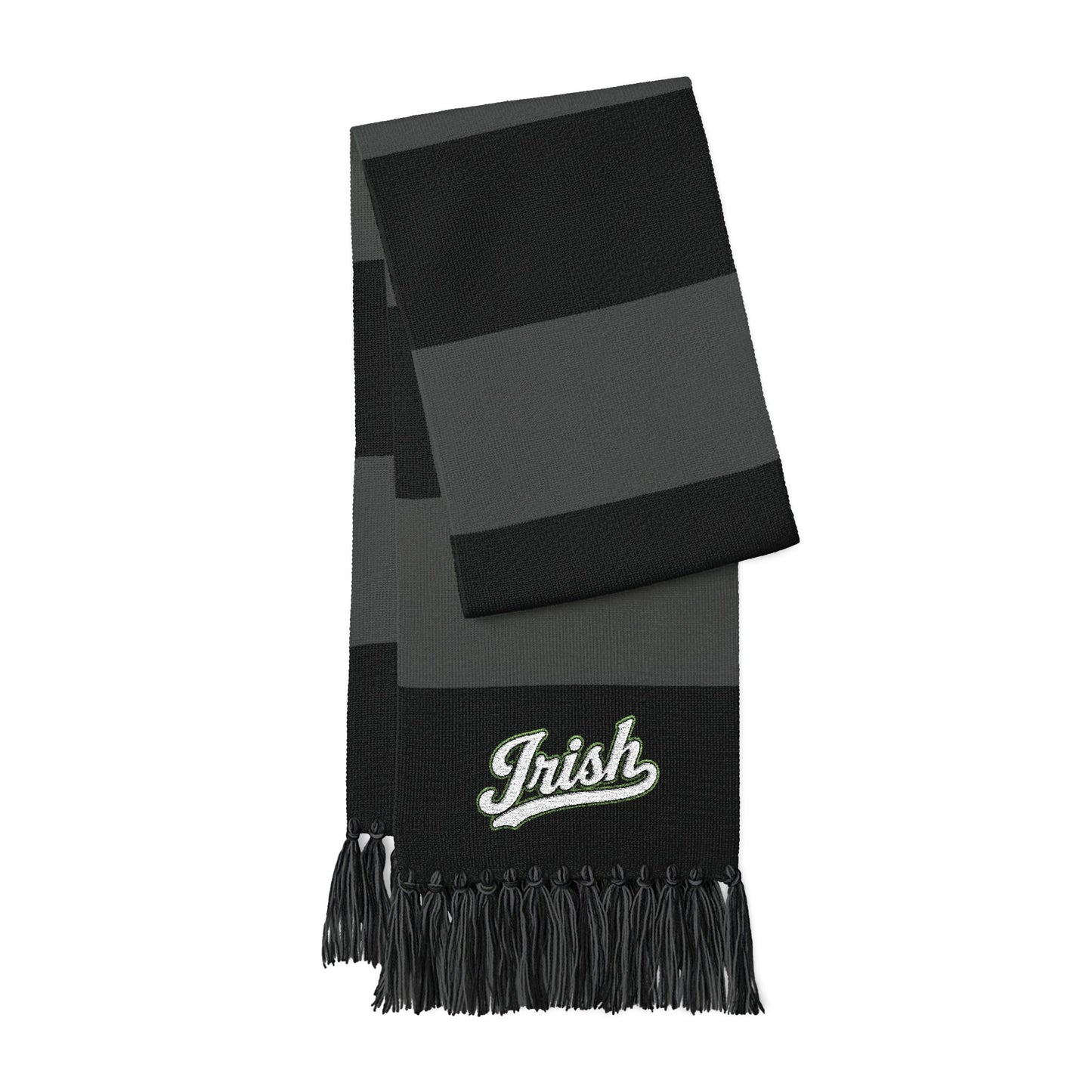 IRISH script - Spectator Embroidered Scarf – Striped Knit Fan Scarf with "Irish" Script
