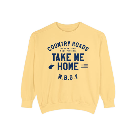 COUNTRY ROADS_TAKE ME HOME_WV STATE SHAPE_USA FLAG_W.B.G.V. MORGANTOWN WEST VIRGINIA-Unisex Garment-Dyed Sweatshirt