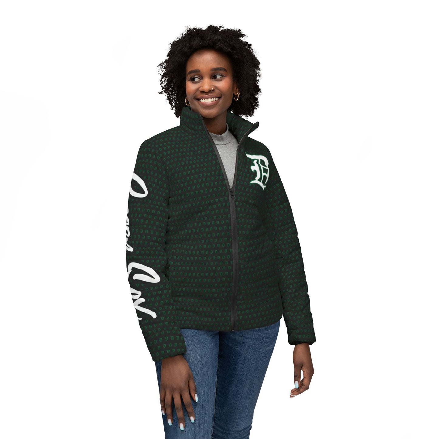 Script D (pattern is green Script D)_script GREEN SOX sleeve - Women’s Puffer Jacket (AOP)