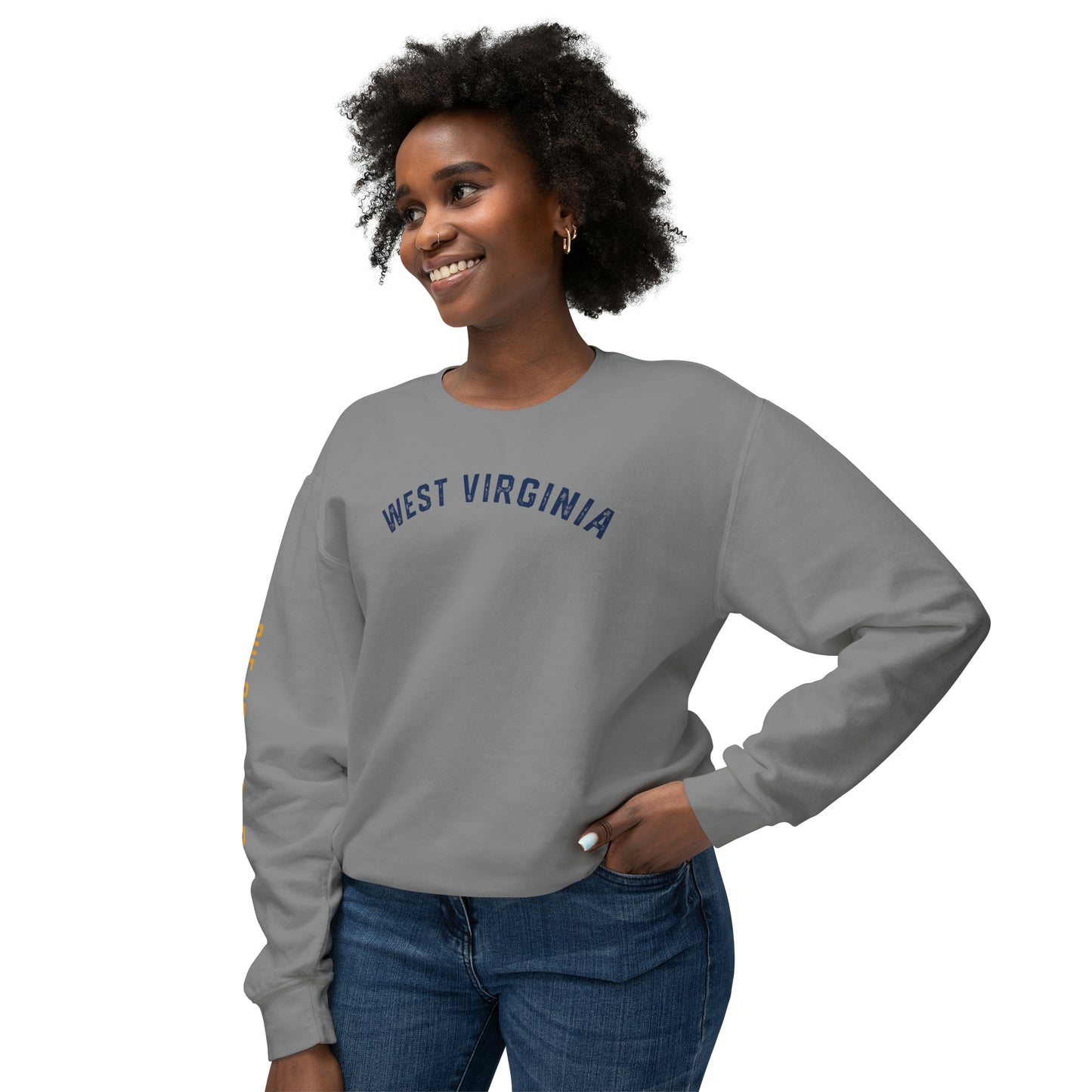 WEST VIRGINIA (arched type)_CUE COUNTRY ROADS (sleeve)-Unisex Lightweight Crewneck Sweatshirt