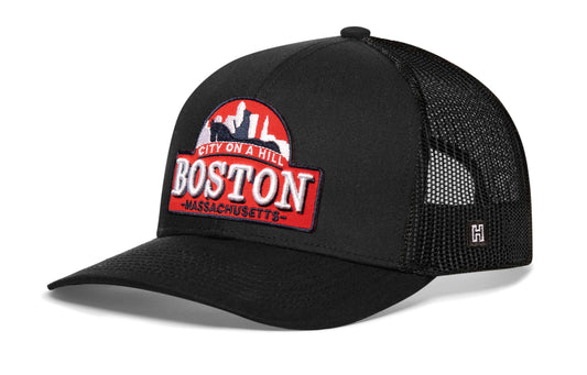 Boston City On A Hill Trucker Hat | Black Cityscape Snapback