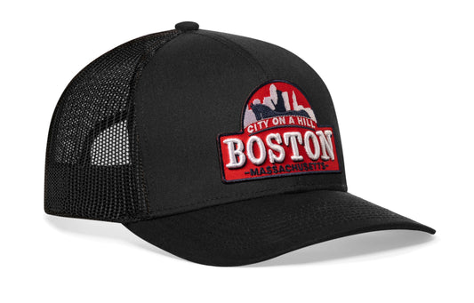 Boston City On A Hill Trucker Hat | Black Cityscape Snapback