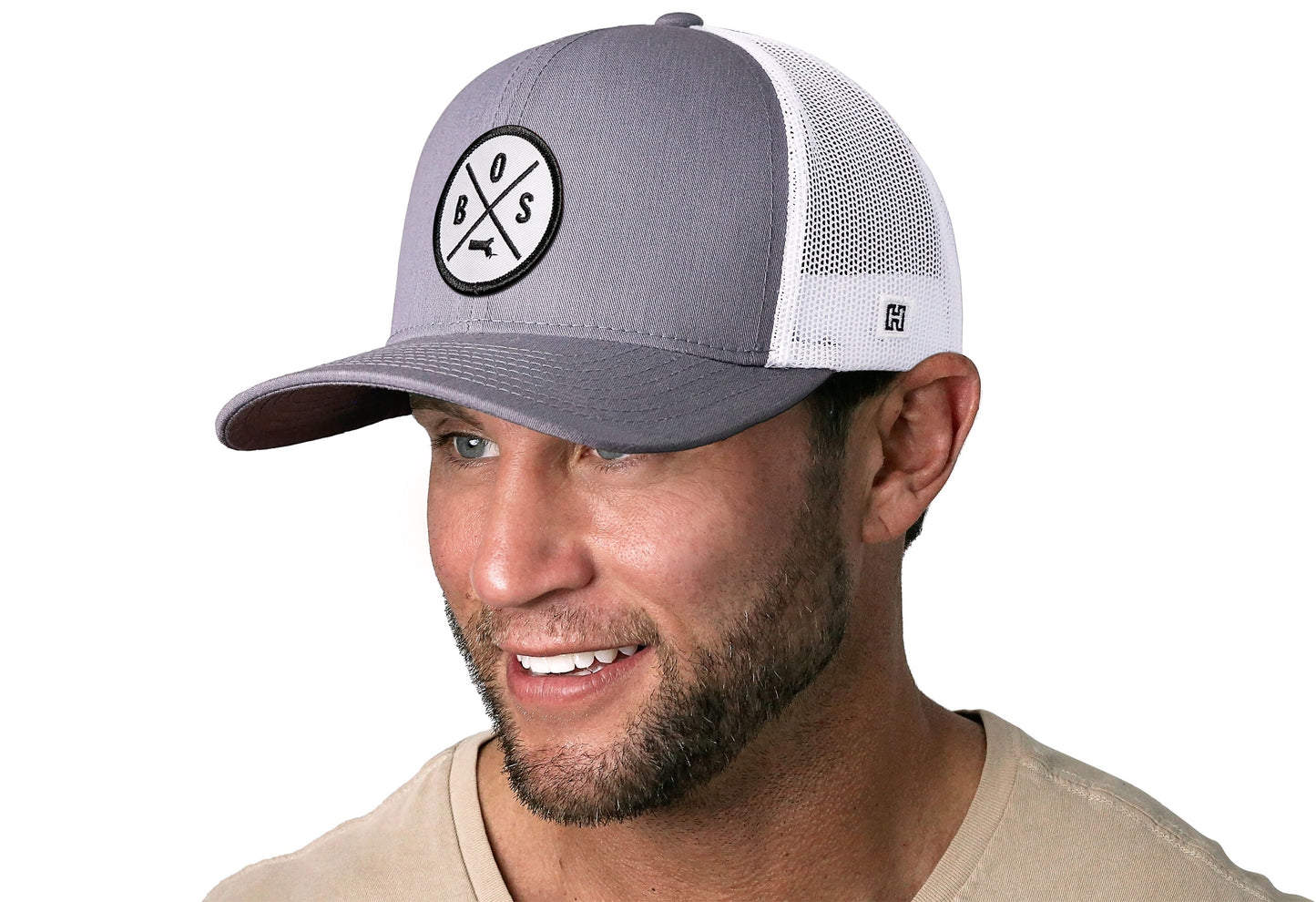 Boston Trucker Hat  |  Gray-White BOS X Snapback