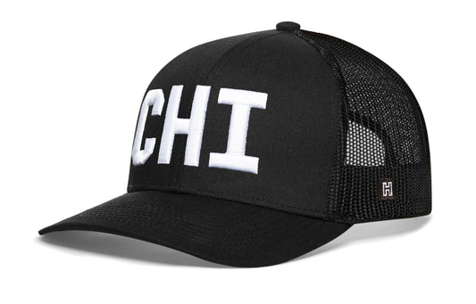 Chicago White Block Trucker Hat | Black Illinois Snapback
