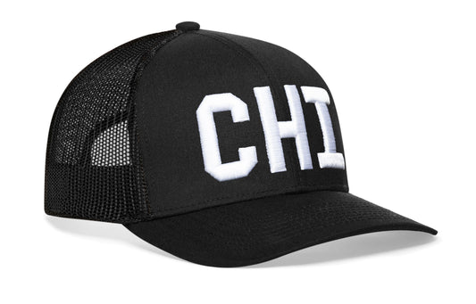 Chicago White Block Trucker Hat | Black Illinois Snapback