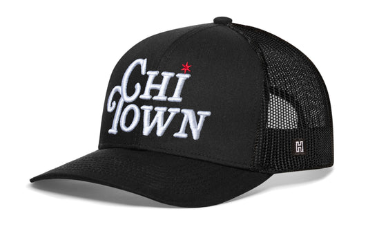 Chi Town White Script Trucker Hat | Black Illinois Snapback