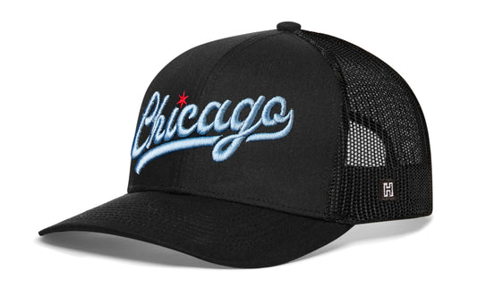 Chicago Light Blue Script Trucker Hat | Black Illinois Snapback