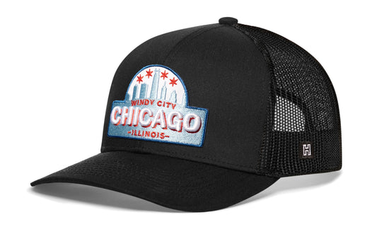 Chicago Windy City Trucker Hat | Black Cityscape Snapback
