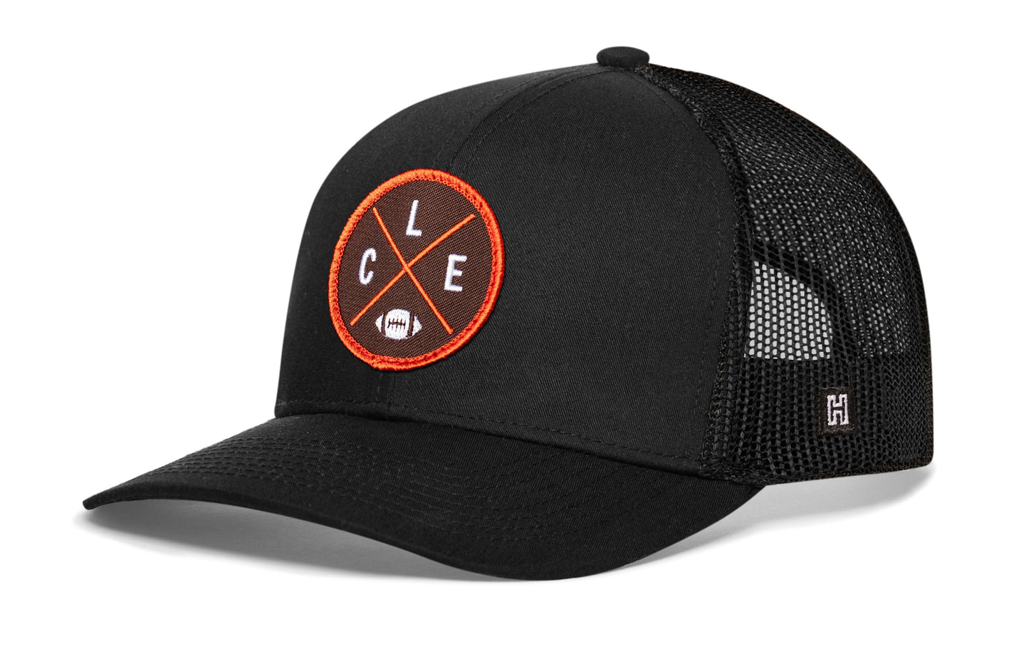Cleveland Trucker Hat  |  Black CLE X Football Snapback
