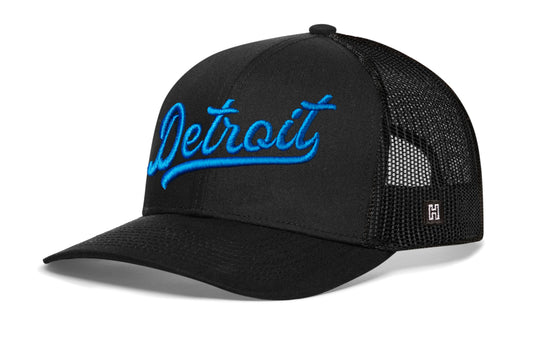 Detroit Blue Script Trucker Hat | Black Michigan Snapback