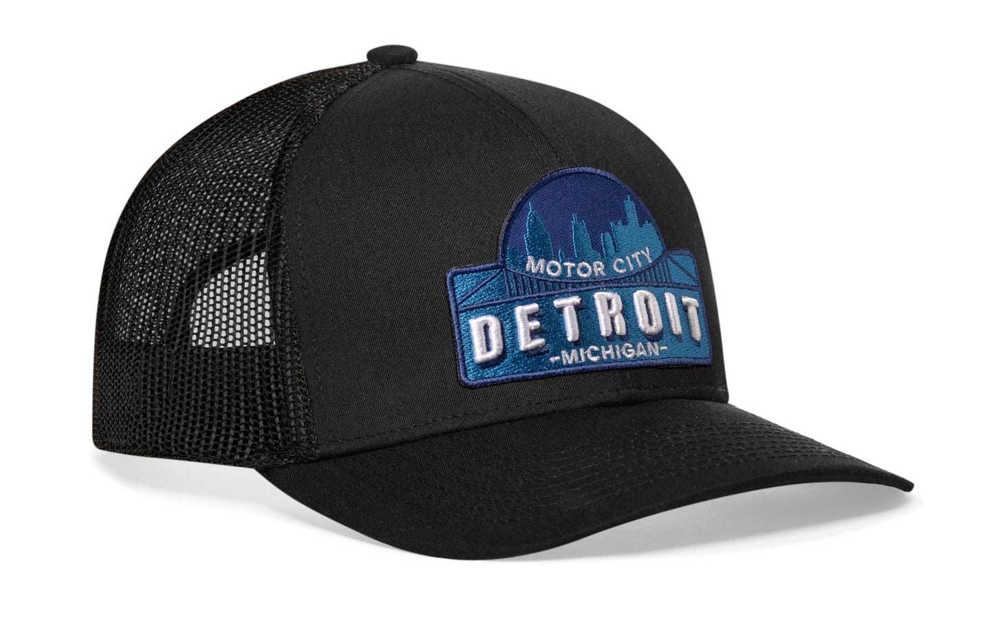 Detroit Motor City Trucker Hat  |  Black Cityscape Snapback