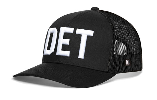 Detroit White Block Trucker Hat | Black Michigan Snapback