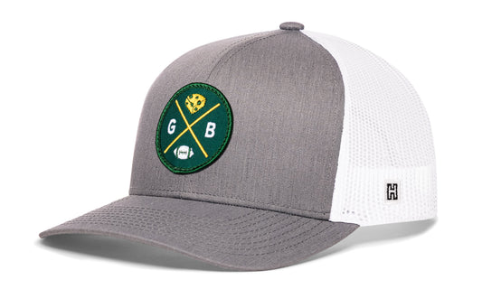 Green Bay Trucker Hat | Gray-White GB X Football Snapback