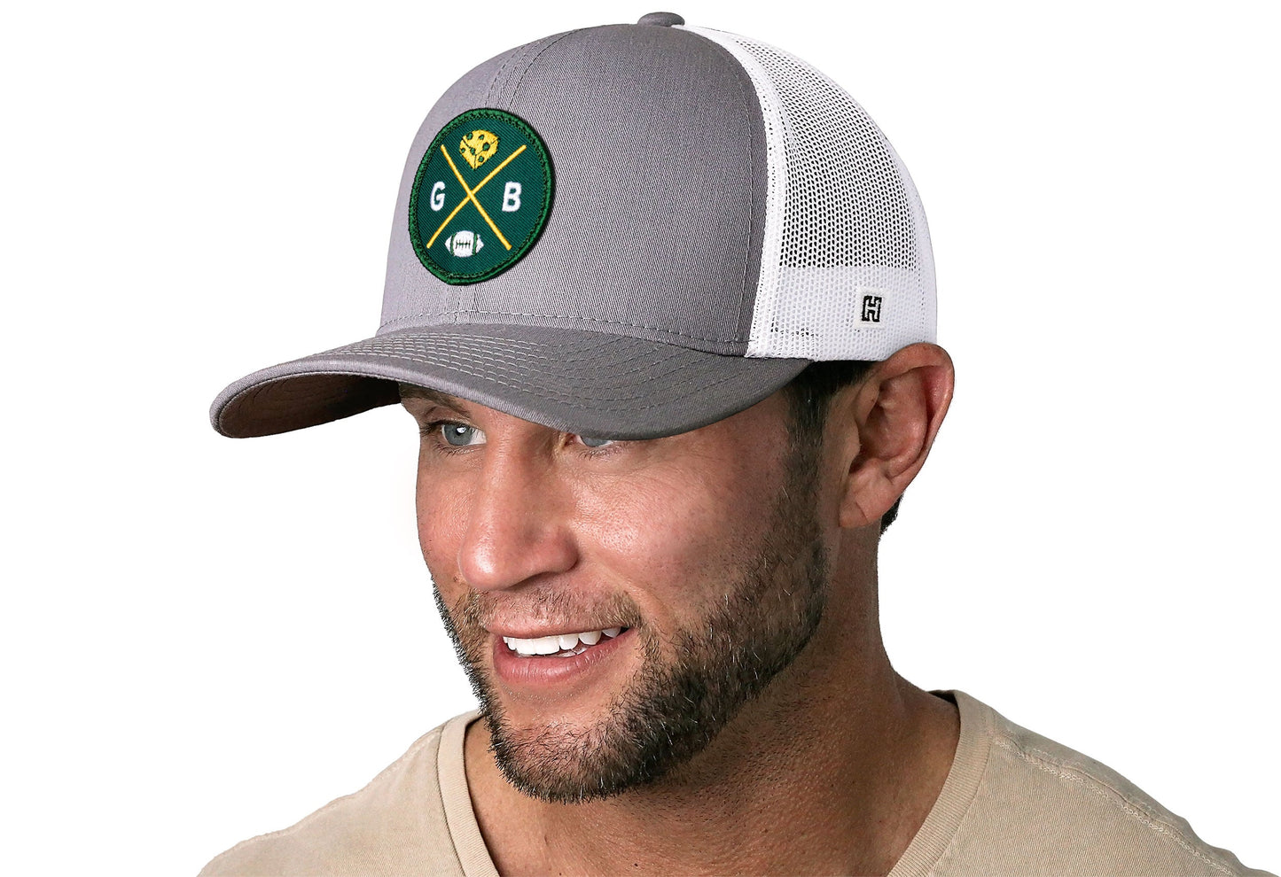 Green Bay Trucker Hat  |  Gray-White GB X Football Snapback