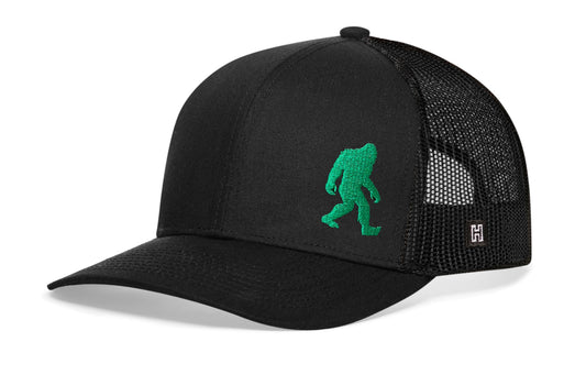 Green Bigfoot Trucker Hat | Black Sasquatch Snapback