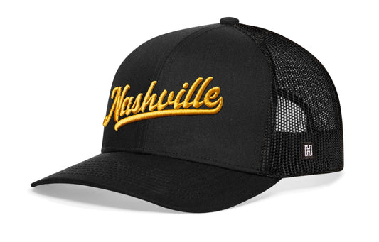 Nashville Gold Script Trucker Hat | Black Tennessee Snapback