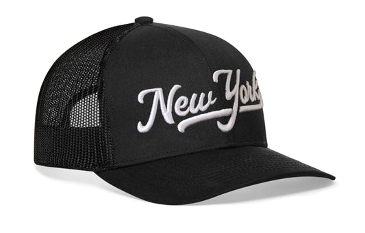 New York City White Script Trucker Hat | Black New York Snapback