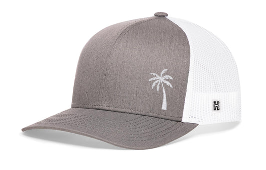 Palm Tree Trucker Hat | Gray-White Island Snapback