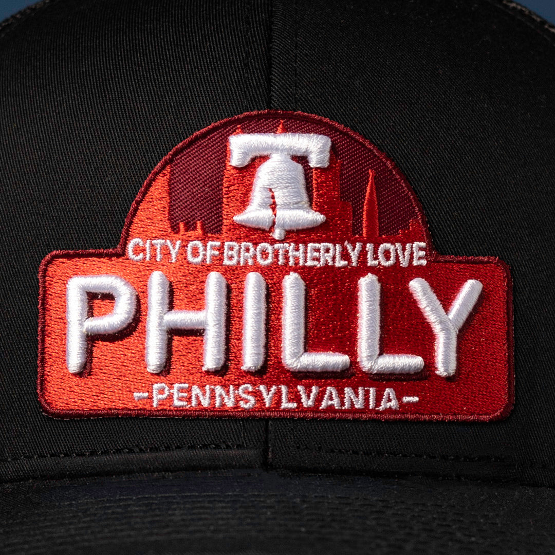 Philly City of Brotherly Love Trucker Hat  |  Black Cityscape Snapback