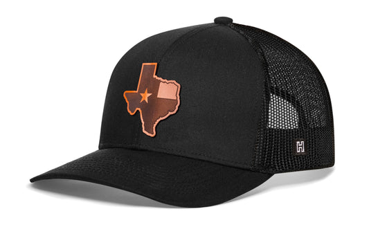 Texas Flag Trucker Hat Leather | Black Texas Flag Cut to Shape Snapback