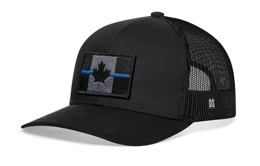 Thin Blue Line Trucker Hat | Black Canadian Maple Leaf Tactical Snapback