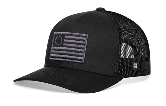 Betsy Ross Flag Trucker Hat | Black USA Snapback