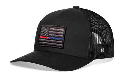 Thin Red and Blue Line Trucker Hat | Black Police And Fire Tactical Snapback
