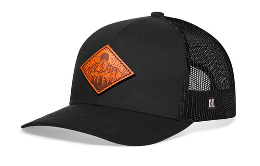Diamond Mountain and Trees Trucker Hat Leather | Black Outdoors Snapback