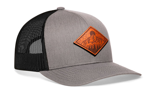 Diamond Mountain and Trees Trucker Hat Leather | Gray-Black Outdoors Snapback