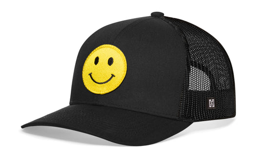 Smiley Face Trucker Hat | Black Emoji Snapback