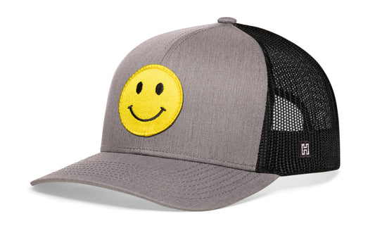 Smiley Face Trucker Hat | Gray-Black Emoji Snapback