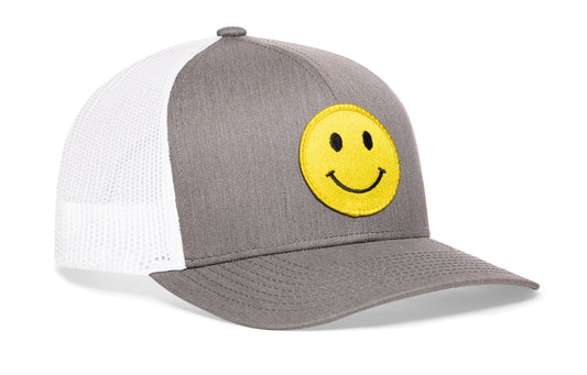 Smiley Face Trucker Hat  |  Gray-White Emoji Snapback