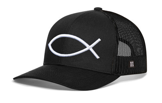 Jesus Fish Trucker Hat | Black bold ichthys Snapback