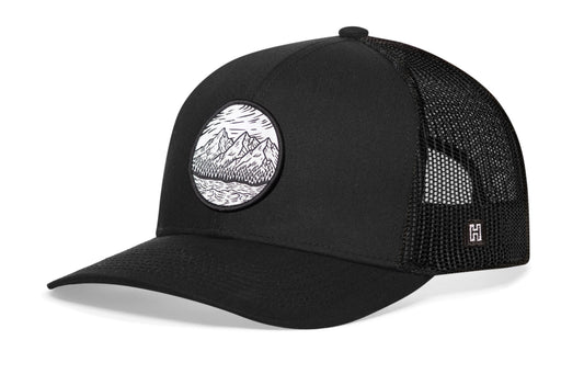 Circle Mountain and Trees Trucker Hat | Black Outdoors Snapback