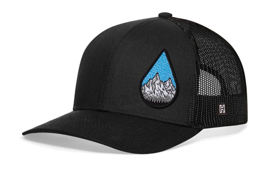 Rainddrop Mountain and Trees Trucker Hat | Black Outdoors Snapback